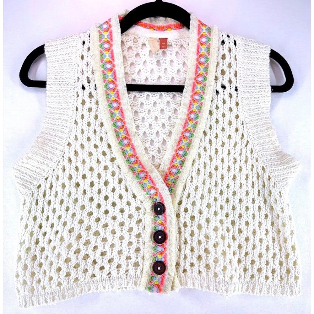 Pilcro Ivory Open Crochet Knit Vest Sz SM Embroidered Trim Boho Festival Hippie